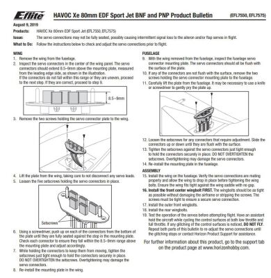 PRODUCT Bulletin: E-flite HAVOC Xe 80mm EDF Sport Jet BNF &amp; PNP - HAVOC Xe 80mm EDF Sport Jet BNF Basic with AS3X and SAFE Select (EFL7550)