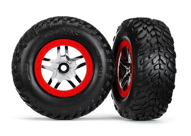 Traxxas Reifen+Felge montiert 2.2/3.0 SCT Split-Spoke Slash 2WD hi / 4x4 vo/hi chrome/rot Beadlock / TRX5977