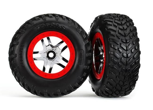 Traxxas Reifen+Felge montiert 2.2/3.0 SCT Split-Spoke/Foam-Einlage Slash 2WD hi / 4x4 vo/hi chrome/rot Beadlock für TSM / TRX6891