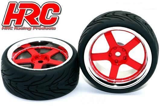 HRC Racing Reifen 1/10 Touring montiert 5-Stars Rot/Chrome Felgen 12mm hex HRC High Grip Street-V (2 Stk.) / HRC61011/2