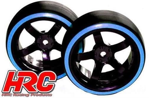 HRC Racing Reifen 1/10 Drift montiert 5-Spoke Felgen 6mm Offset Dual Color Slick Schwarz/Blau (2 Stk.) / HRC61062BL