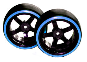 HRC Racing Reifen 1/10 Drift montiert 5-Spoke Felgen 6mm Offset Dual Color Slick Schwarz/Blau (2 Stk.) / HRC61062BL
