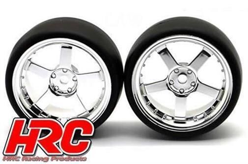 HRC Racing Reifen 1/10 Drift montiert 5-Spoke Chrome Felgen 3mm Offset Slick (2 Stk.) / HRC61071CH