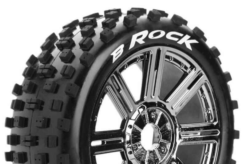 Louise B-ROCK 1/8 Buggy Reifen Fertig Verklebt Soft Speichen Felgen Schwarz Chrom Hex 17mm 1 Paar / T3270SBC