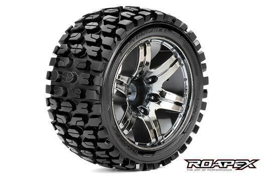 Roapex Tracker Reifen 1:10 Stadium Truck montiert auf chrom-schwarzen Felgen, 12 mm Sechskant, 0 Offset (2 Stück) / RXR2002-CB0