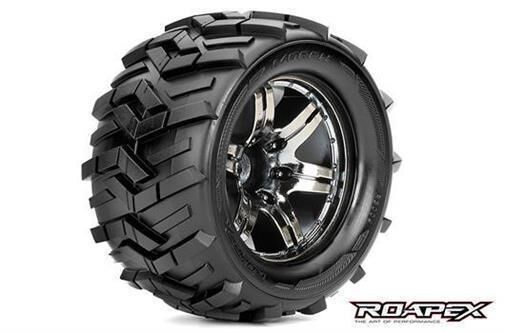 Roapex Reifen 1/10 Monster Truck montiert 1/2 offset Chrome Schwarz Felgen 12mm Hex Morph (2 Stk.) / RXR3004-CB2