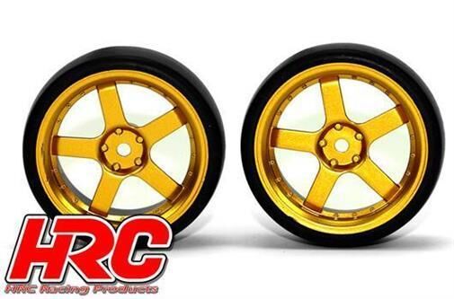 HRC Racing Reifen 1/10 Drift montiert 5-Spoke Gold Felgen 3mm Offset Slick (2 Stk.) / HRC61071GD
