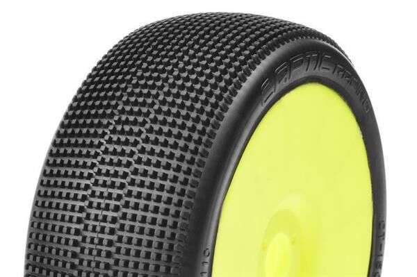 Captic Racing TRACER 1/8 Buggy Tires Mounted CR-2 (Medium-Soft) Racing Compound Yellow Rims 1 Pair / CT-15002-2-Y