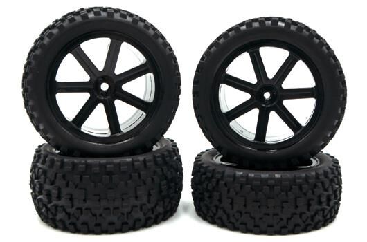 HRC Racing Reifen 1/10 Buggy montiert Schwarz 7-Spoke Felgen 4WD Vorne & Hinten 12mm hex 2.2 Blocker (4 pcs) / HRC61108K