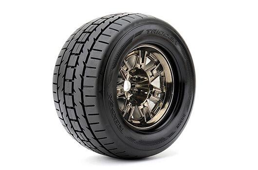 Roapex Reifen 1/8 Monster Truck montiert 1/2 offset Chrome Schwarz Felgen 17mm Hex Trigger (2 Stk.) / RXR4002-CB2