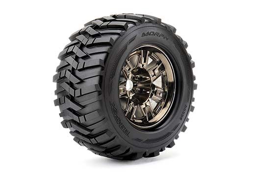 Roapex Reifen 1/8 Monster Truck montiert 1/2 offset Chrome Schwarz Felgen 17mm Hex Morph (2 Stk.) / RXR4005-CB2