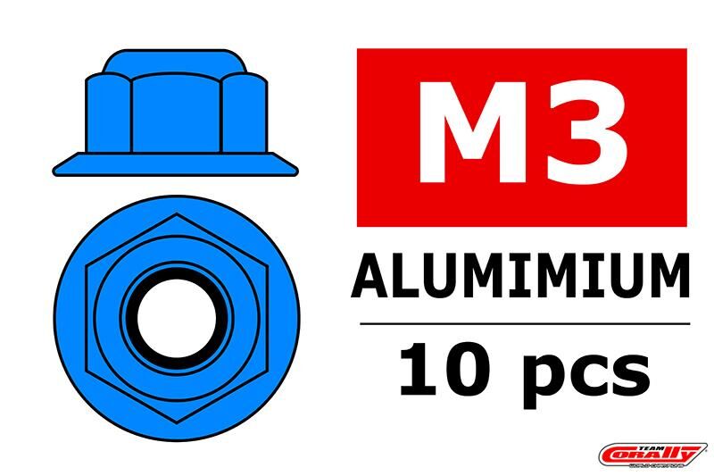 Team Corally Aluminium Sechskantmutter Selbstsichernd M3 mit Bund Blau 10 St / C-3107-30-4