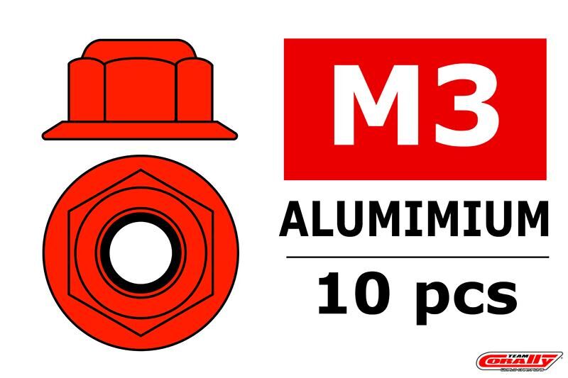 Team Corally Aluminium Sechskantmutter Selbstsichernd M3 mit Bund Rot 10 St / C-3107-30-5
