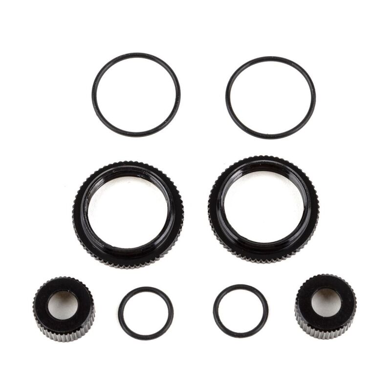 Team Associated 13mm Shock Collar and Seal Retainer Set, black aluminum / AE91929