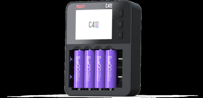 ISDT Ladegerät Einzelzellen C4 Evo 4x AAA / AA / 18650 / 26700 Li-F e/Li-Ion für USB-C Versorgung / C4-Evo