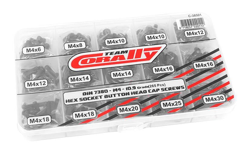 Team Corally Screw Set M4 Hex Button Head DIN 7380 Steel Black 10.9 Grade 15 Sizes 265 pcs