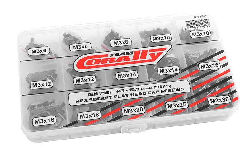 Team Corally Ersatzteil Screw Set M3 Hex Flat Head DIN 7991 Steel Black 10.9 Grade 15 Sizes 375 pcs / C-38505