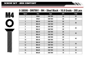 Team Corally Ersatzteil Screw Set M4 Hex Flat Head DIN 7991 Steel Black 10.9 Grade 15 Sizes 265 pcs / C-38506