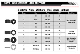 Team Corally Ersatzteil Nuts Lock Nuts Washers Set M2 M2.5 M3 M4 Steel Black 10 Sizes 320 pcs / C-38516