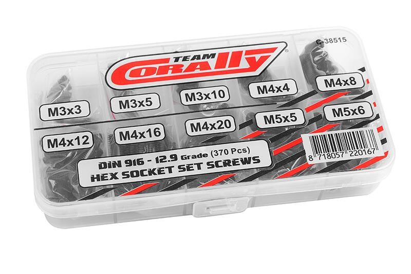 Team Corally Ersatzteil Screw Set Set Screws M3 M4 M5 DIN 916 Steel Black 12.9 Grade 10 Sizes 370 pcs / C-38515