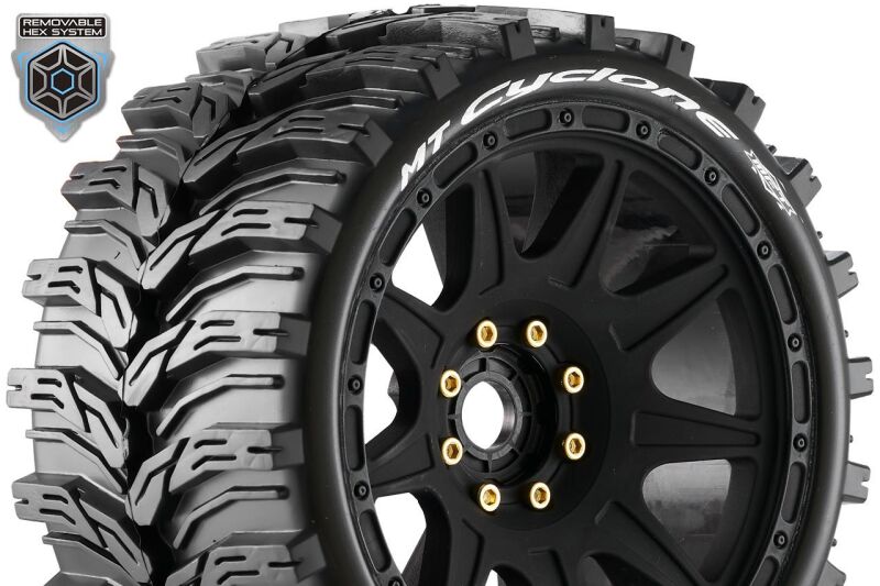Louise RC MFT MT-CYCLONE speed 1-8 Monster Truck Tire Set Mounted Soft Black Wheels Removable 1-8 MT HEX 17mm 0" & 1/2" OFFSET L-T3356SB / LR-T3356SB