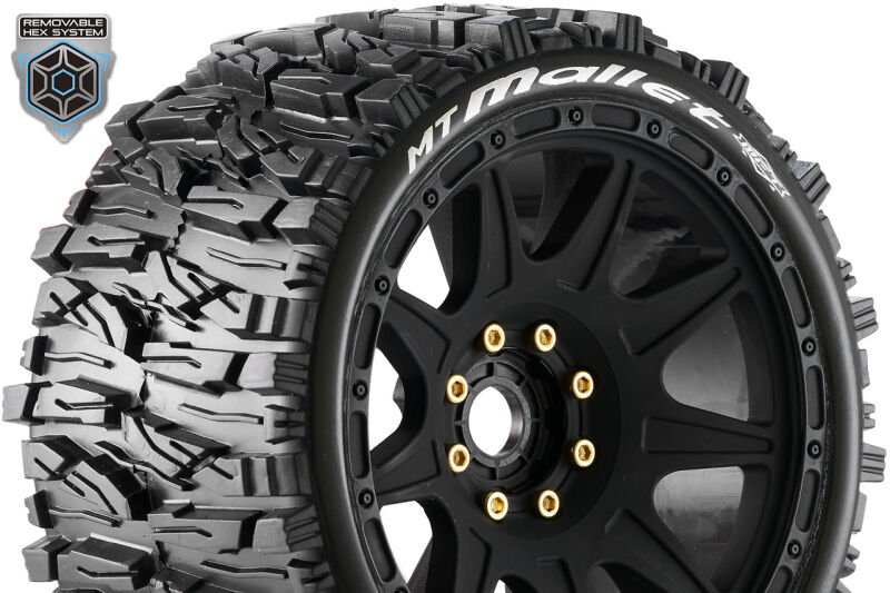 Louise RC MFT MT-MALLET speed 1-8 Monster Truck Tire Set Mounted Soft Black Wheels Removable 1-8 MT HEX 17mm 0" & 1/2" OFFSET L-T3355SB / LR-T3355SB