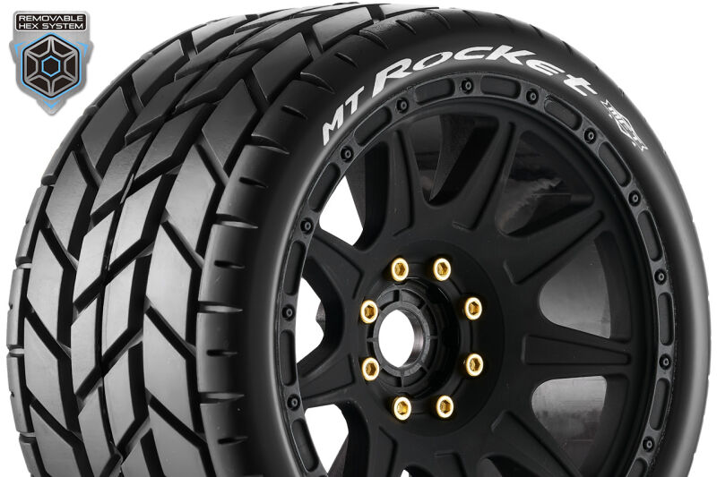 Louise RC MFT MT-ROCKET speed 1-8 Monster Truck Tire Set Mounted Soft Black Wheels Removable 1-8 MT HEX 17mm 0" & 1/2" OFFSET L-T3353SB / LR-T3353SB