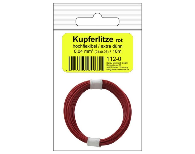 Donau Elektronik 112-0 - Kupferschalt Litze hochflexibel 0,04 mm² / 10 m rot - in SB Beutel