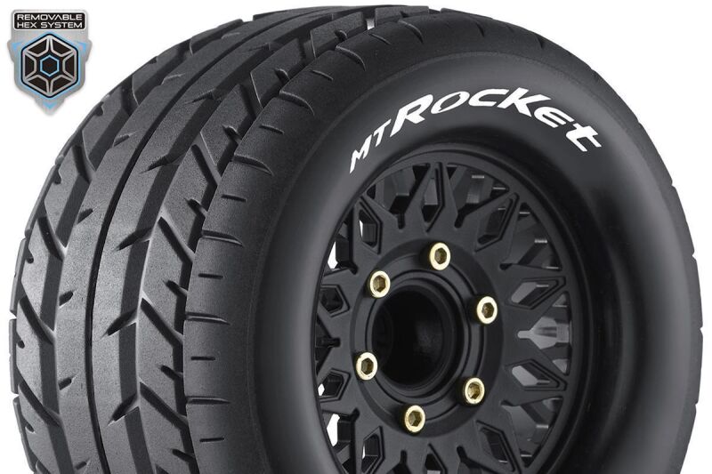 Louise RC MT-ROCKET 1-10 Monster Truck Tire Set Mounted Sport Black Wheels Removable HEX 12 Narrow, 12 Wide, 14, 17mm L-T3201SX / LR-T3201SX