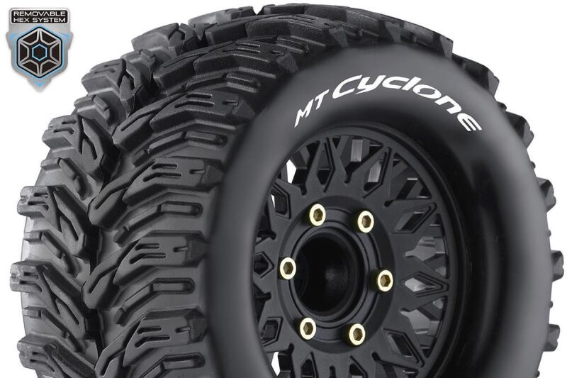 Louise RC MT-CYCLONE 1-10 Monster Truck Tire Set Mounted Sport Black Wheels Removable HEX 12 Narrow, 12 Wide, 14, 17mm L-T3226SX / LR-T3226SX