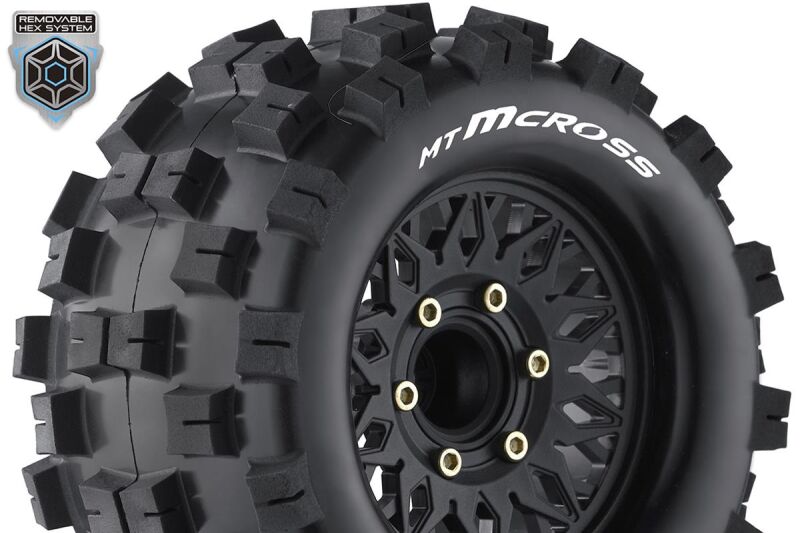 Louise RC MT-MCROSS 1-10 Monster Truck Tire Set Mounted Sport Black Wheels Removable HEX 12 Narrow, 12 Wide, 14, 17mm L-T3274SX / LR-T3274SX