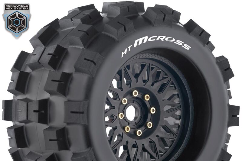 Louise RC MT-MCROSS 1-8 Monster Truck Tire Set Mounted Sport Black Wheels Removable 0" & 1/2" OFFSET HEX 17mm L-T3276X / LR-T3276X