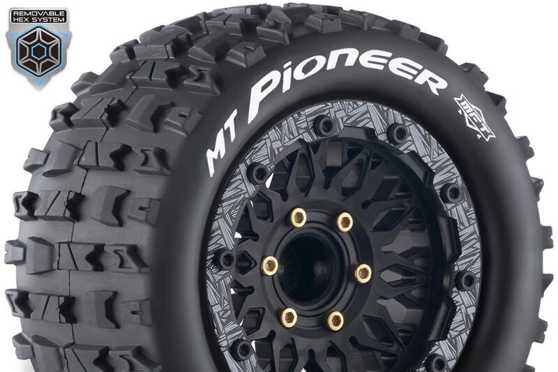 Louise RC MFT MT-PIONEER 1-10 Monster Truck Tire Set Mounted Sport Black Wheels Removable HEX 12 Narrow, 12 Wide, 14, 17mm L-T3308SX / LR-T3308SX