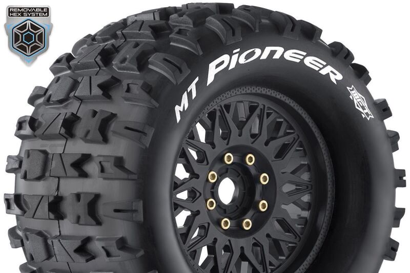 Louise RC MFT MT-PIONEER 1-8 Monster Truck Tire Set Mounted Sport Black Wheels Removable 0" & 1/2" OFFSET HEX 17mm L-T3321X / LR-T3321X