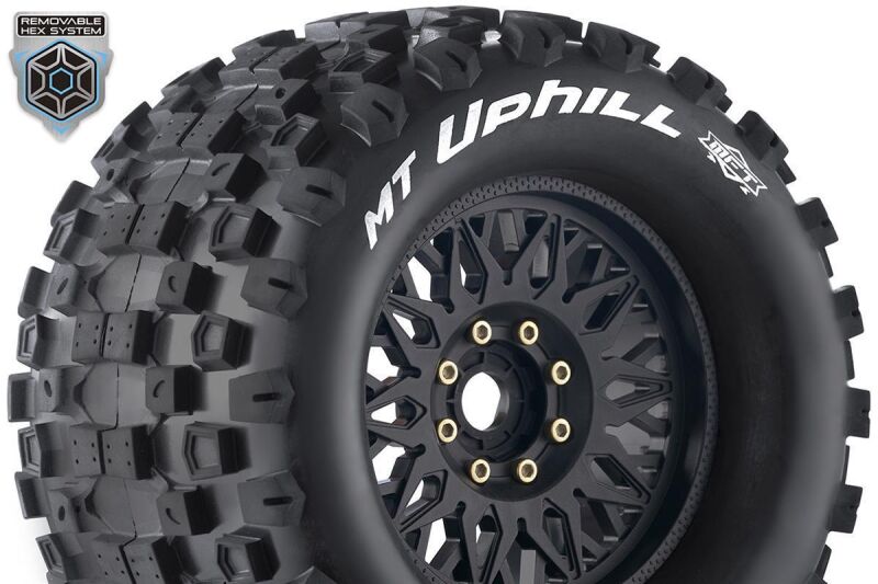 Louise RC MFT MT-UPHILL 1-8 Monster Truck Tire Set Mounted Sport Black Wheels Removable 0" & 1/2" OFFSET HEX 17mm L-T3322X / LR-T3322X