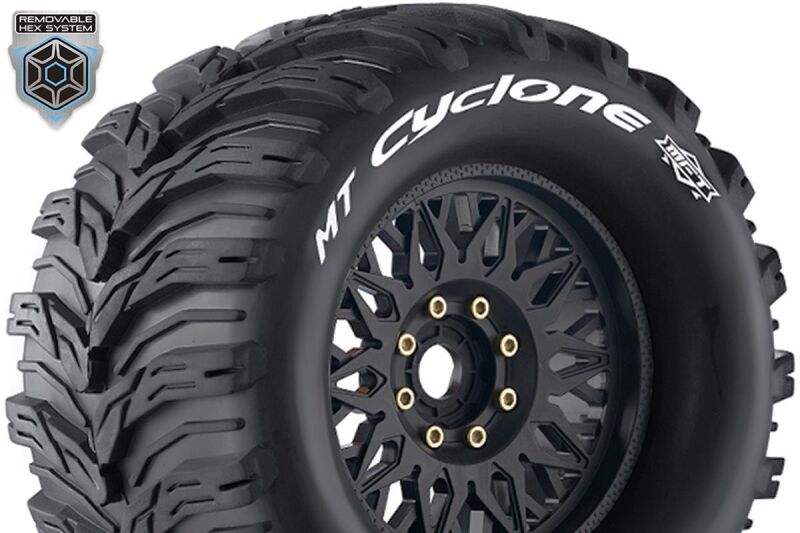 Louise RC MFT MT-CYCLONE 1-8 Monster Truck Tire Set Mounted Sport Black Wheels Removable 0" & 1/2" OFFSET HEX 17mm L-T3323X / LR-T3323X