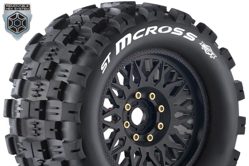 Louise RC MFT ST-MCROSS 1-8 Stadium Truck Tire Set Mounted Sport Black Wheels Removable 0" & 1/2" OFFSET HEX 17mm L-T3227X / LR-T3327X