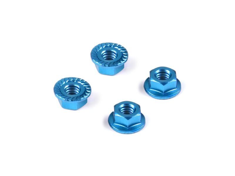 HUDY ALU NUT M4 WITH SERRATED FLANGE - BLUE (4) / HUD296541-B