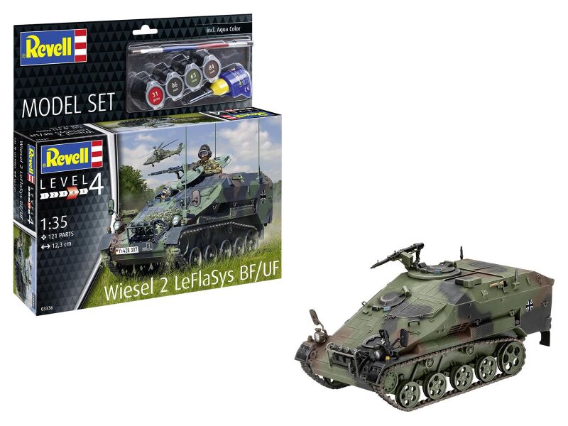 Revell Modellbausatz mit Basiszubehör Model Set Wiesel 2 LeFlaSys BF/UF / 63336