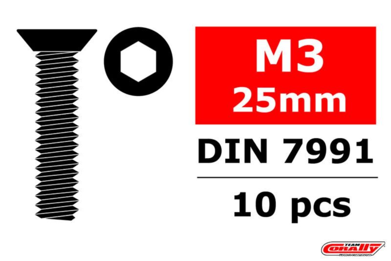 Team Corally Steel Screws M3 x 25mm Hex Flat Head 10 pcs / C-3002-30-25