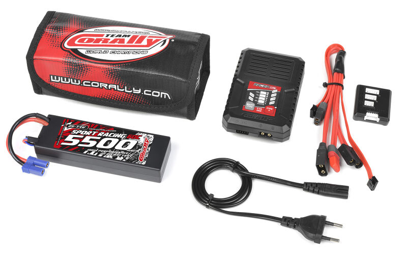Team Corally Energy Pack Lipo 60C 5500Mah 2S EC-5 Hard Case + Racer 50 2-4S AC Charger + Lipo Safety Bag + Charge-Balance Lead / C-47125-02-01