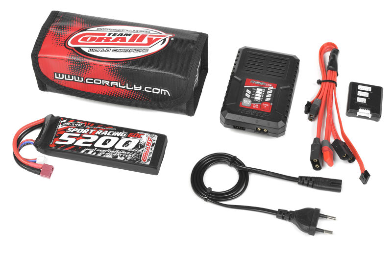 Team Corally Energy Pack Lipo 60C 5200MAH 2S T-Plug Semi-Soft Case + Racer 50 2-4S AC Charger + Lipo Safety Bag + Charge-Balance Lead / C-47230-01-01