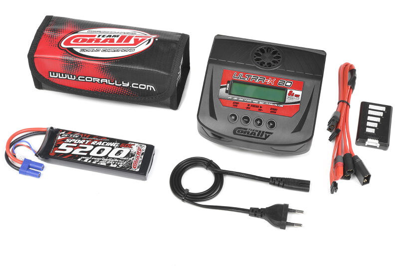 Team Corally Energy Pack Lipo 60C 5200MAH 2S EC-5 Semi-Soft Case + Ultra-X 80 1-6S AC/DC Charger + Lipo Safety Bag + Charge-Balance Lead / C-47230-02-05