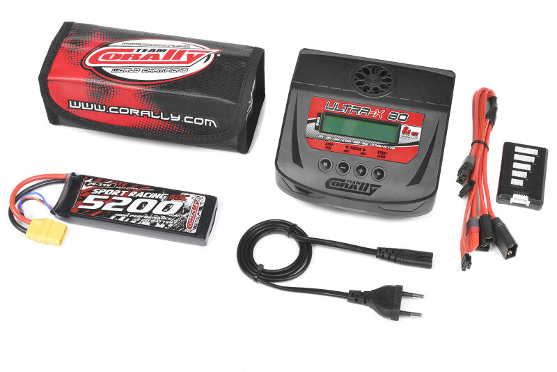 Team Corally Energy Pack Lipo 60C 5200MAH 2S XT-90 Semi-Soft Case + Ultra-X 80 1-6S AC/DC Charger + Lipo Safety Bag + Charge-Balance Lead / C-47230-03-05