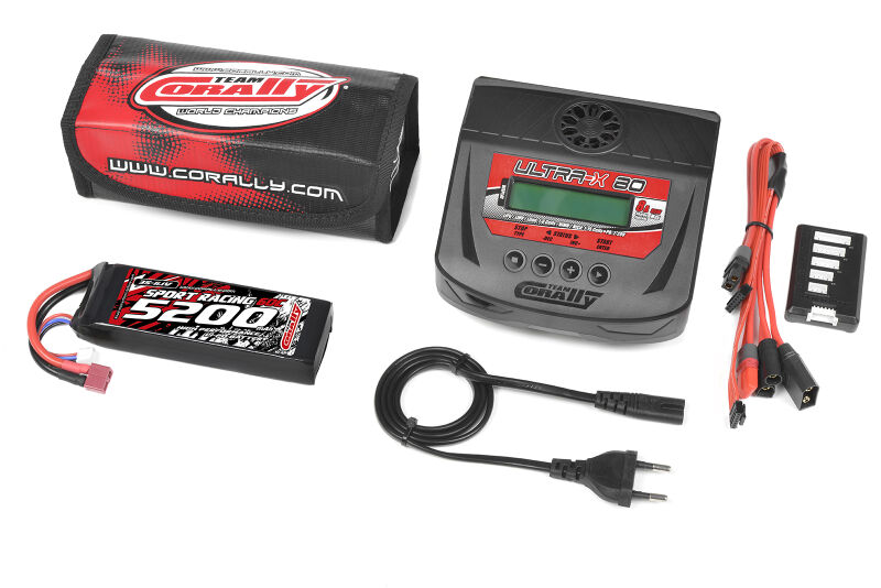 Team Corally Energy Pack Lipo 60C 5200MAH 3S T-Plug Semi-Soft Case + Ultra-X 80 1-6S AC/DC Charger + Lipo Safety Bag + Charge-Balance Lead / C-47231-01-05