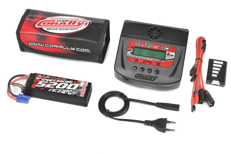Team Corally Energy Pack Lipo 60C 5200MAH 4S EC-5 Semi-Soft Case + Ultra-X 80 1-6S AC/DC Charger + Lipo Safety Bag + Charge-Balance Lead / C-47232-02-05