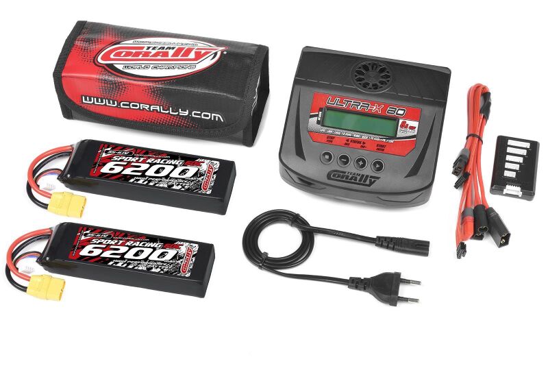Team Corally Energy Pack 2X Lipo 60C 6200Mah 3S XT-90 Semi-Soft Case + Ultra-X 80 1-6S AC/DC Charger + Lipo Safety Bag + Charge-Balance Lead / C-47236-03-06