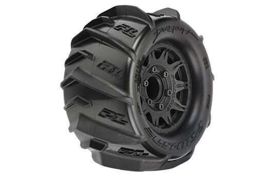 Pro-Line Dumont 2.8" Paddle-Reifen 1:10 Monster Truck montiert auf schwarzen Raid-Felgen mit wechselbarem 12mm Hex (2 Stück) für Traxxas Stampede 2WD und 4X4 / PRO1019310