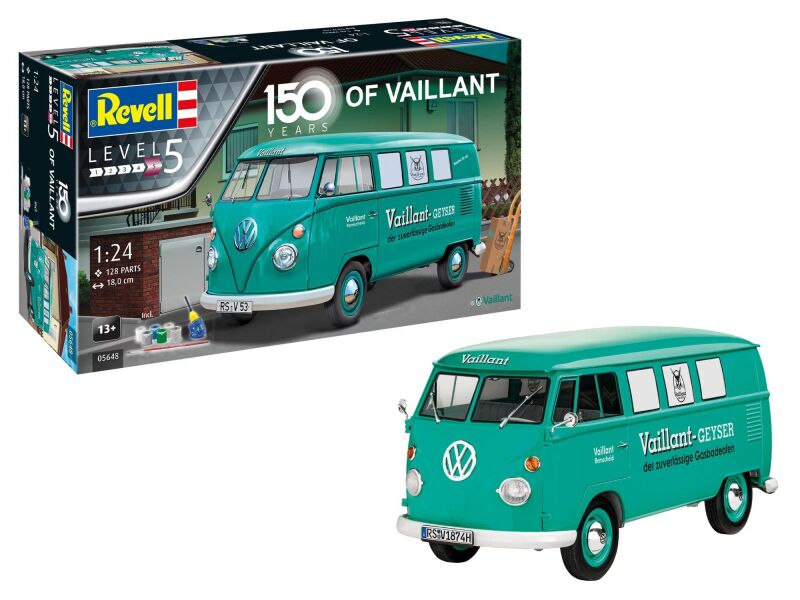 Revell Geschenkset "150 years of Vaillant" VW T1 Bus 1:24 Modellbausatz mit Basiszubehör / 5648