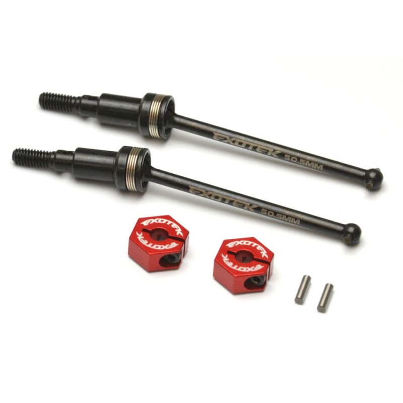 Exotek HD Stahl-CVD-Set 50,5 mm hinten mit Alu-Klemm-Radmitnehmern rot, für Arrma Typhon GROM & Granite GROM / EXO2286